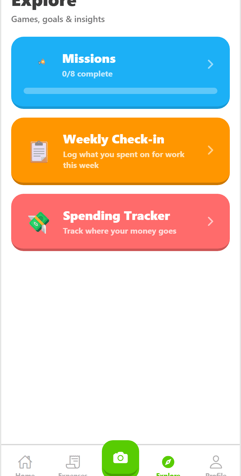 Explore screen: missions, weekly check-in and spending tracker