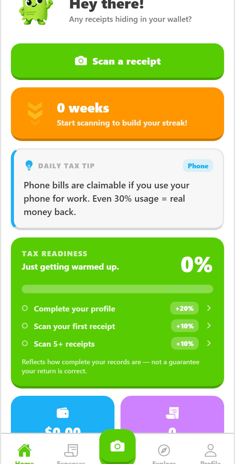 Tally home dashboard with tax-readiness, streak and daily tip
