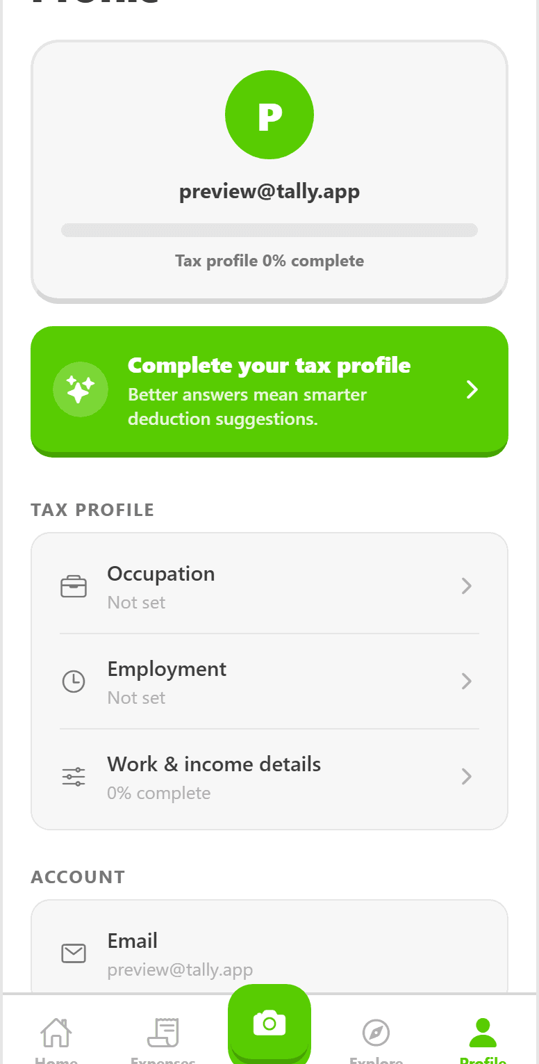 Profile screen with tax-profile completion